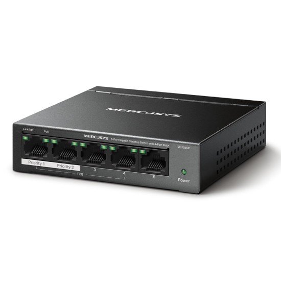 MERCUSYS Desktop Switch MS105GP, 5x 10/100/1000 Mbps, PoE+, Ver. 1.0