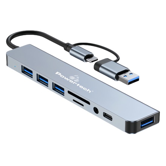 POWERTECH USB hub PTR-0151 με card reader, 8 θυρών, USB & USB-C, γκρι