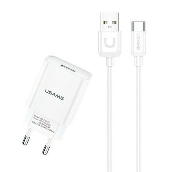 USAMS φορτιστής τοίχου T21OCTC01 με καλώδιο USB-C, USB 2.1A, λευκός